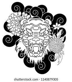 Tiger with peony and marigold flower on cloud background design for tattoo.Japanese Panther traditional tattoo idea.