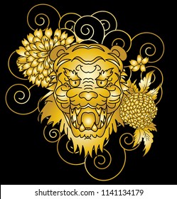 Tiger with peony and marigold flower on cloud background design for tattoo.Japanese Panther traditional tattoo idea.