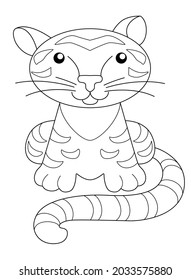 Tiger - picture for coloring book. Little cute tiger cub sits - vector linear illustration for coloring. Outline. Small feline animal, cat