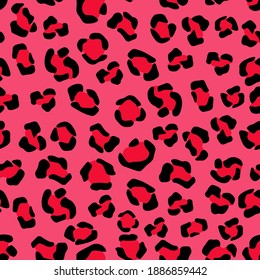 Tiger pink camouflage seamless pattern. Panther crimson spots with black jaguar outlines in vivid red leopard vector color scheme.