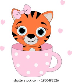 Tiger in a pink cup with a pink bow