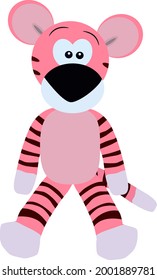 tiger in pink with stripes, children's drawing, toy, vector illustration, white background.
