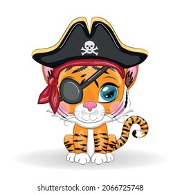 Tiger pirate, cartoon character of the game, wild animal cat in a bandana and a cocked hat with a skull, with an eye patch. Character with bright eyes Isolated on white