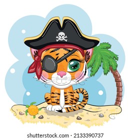 Tiger pirate, cartoon character of the game, wild animal cat in a bandana and a cocked hat with a skull, with an eye patch. Character with bright eyes on the beach with palm trees