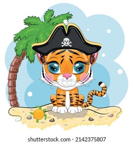 Tiger pirate, cartoon character of the game, wild animal cat in a bandana and a cocked hat with a skull, with an eye patch. Character with bright eyes on the beach with palm trees