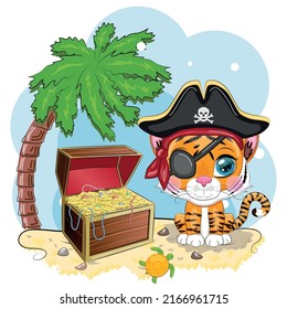Tiger pirate, cartoon character of the game, wild animal cat in a bandana and a cocked hat with a skull, with an eye patch. Character with bright eyes and treasure chest