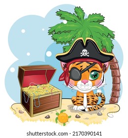 Tiger Pirate, Cartoon Character Of The Game, Wild Animal Cat In A Bandana And A Cocked Hat With A Skull, With An Eye Patch. Character With Bright Eyes And Treasure Chest