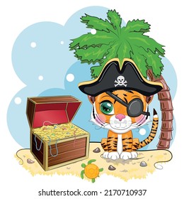 Tiger Pirate, Cartoon Character Of The Game, Wild Animal Cat In A Bandana And A Cocked Hat With A Skull, With An Eye Patch. Character With Bright Eyes And Treasure Chest