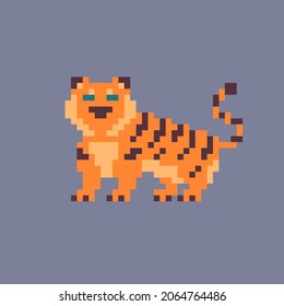Tiger in pixel art style. Wild cat animal. Vector illustration.