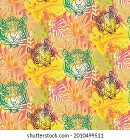 Tiger and plant leaves seamless pattern vector. Animal wild cat muzzle and tropical tree forest, beast head and growth palm. Jungle wildcat predator wildlife and nature flat illustration