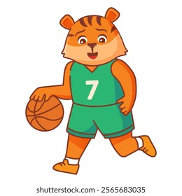 Tiger play basketball.Tiger 
basketball cartoon mascot.Sport animal cute tiger basketball player.Isolated on white background.Vector illustration.