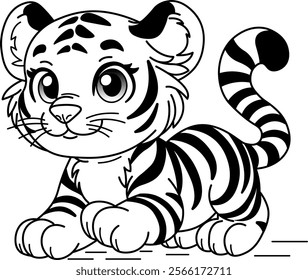 Tiger in a playful pose. Designed for children's coloring books, posters, storybooks, and educational materials. The simple and charming line art is perfect for creative projects