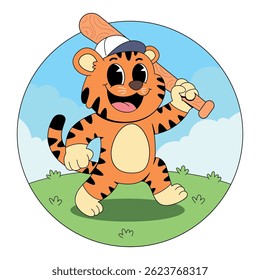 Tiger Playing Baseball cartoon illustration