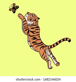 A tiger is playing with a butterfly. Vector graphics.