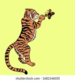 A tiger is playing with a butterfly. Vector graphics.
