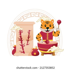 Tiger playing drum on chinese new year. year of the tiger vector illustration background.