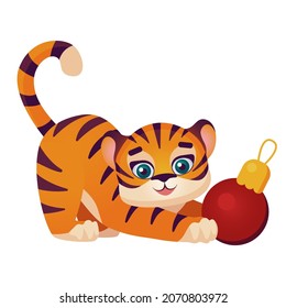 A tiger is playing with a New Year's ball. Symbol of the year 2022. Vector graphics on an isolated white background.