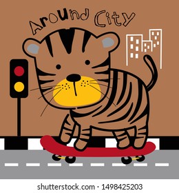 tiger playing skateboard in the city funny animal cartoon,vector illustration