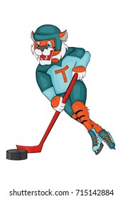 Tiger plays hockey. Cartoon style. Isolated image on white background. Clip art for children.