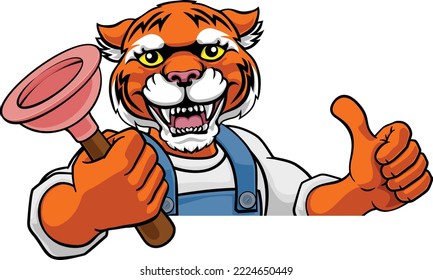 A tiger plumber cartoon mascot holding a toilet or sink plunger peeking round a sign giving a thumbs up