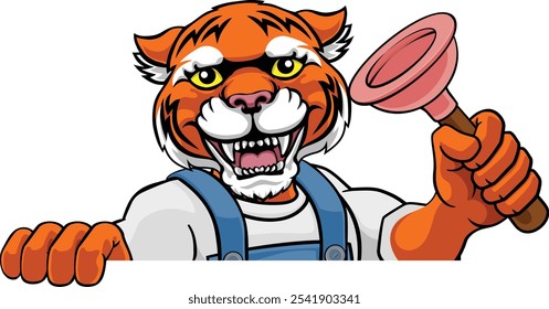 Um mascote de caricatura de encanador de tigre segurando um banheiro ou um êmbolo de pia espiando em torno de um sinal