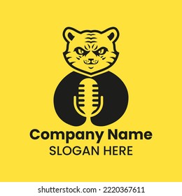 Tiger Podcast Logo Negative Space Concept Vector Template. Panther Holding Microphone Symbol