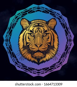 Tiger portrait. Dreamy magic art. Power symbol . Isolated vector illustration. Great outdoors, tattoo and t-shirt design.