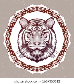 Tiger portrait. Dreamy magic art. Power symbol . Isolated vector illustration. Great outdoors, tattoo and t-shirt design.