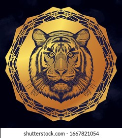 Tiger portrait. Dreamy magic art. Power symbol . Isolated vector illustration. Great outdoors, tattoo and t-shirt design.