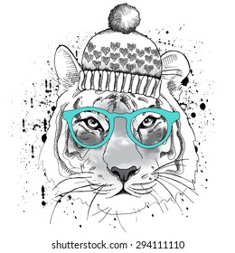 Tiger portrait with glasses and in knitted hat. Vector illustration.