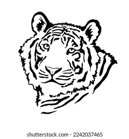 Tiger portrait muzzle, face, black and white vector illustration head isolated on white background. Template. Clip art. Hand Painting. Ink. Vector.  Black and white. laser cut, papercut