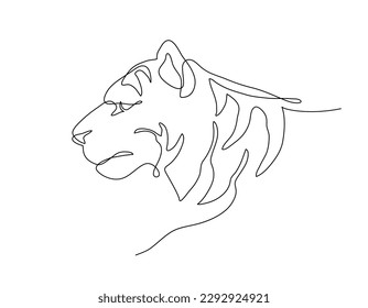 Tiger portrait side face, Continuous line art drawing style, Design template linear minimal style. Vector illustration.