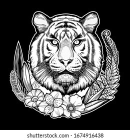 Tiger portrait in tropical flowers frame. Dreamy magic art. Night, nature, wicca symbol. Isolated vector illustration. Great outdoors, tattoo design.