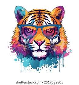 Tiger portrait wearing glasses with bright abstract paint splatter. Isolated on white