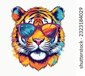 Tiger portrait wearing sunglasses with bright abstract paint splatter. Isolated on white