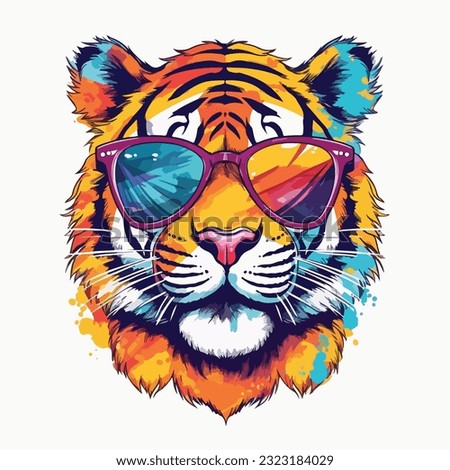 Tiger portrait wearing sunglasses with bright abstract paint splatter. Isolated on white