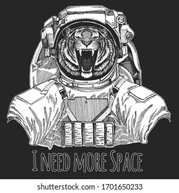 Tiger portrait. Wild cat head. Wild animal wearing space suit.