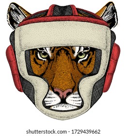 Tiger portrait. Wild cat head. Boxing helmet.