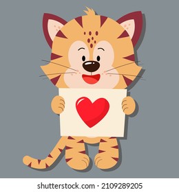 A tiger with a postcard and a heart. Day of love. valentine's day. A greeting card with a declaration of love. A flat vector image on a gray background.