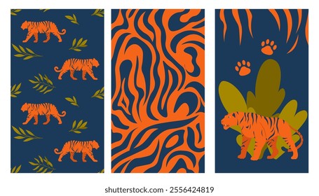 Tiger posters set. African fauna and wildlife. Pack of seamless patterns. Striped predator in savannah. Flyer, brochure or booklet. Flat vector collection isolated on white background