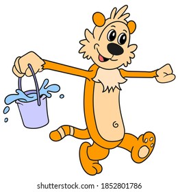 the tiger is practicing balance with a water bucket. vector illustration of cartoon doodle sticker draw