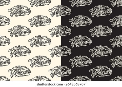 Tiger predator cabeça crânio lado vista linha arte gravando padrão sem emenda no fundo branco preto. Saber crânio osso machucando doodle padrão de fundo para embalagem de vida selvagem e mercadorias