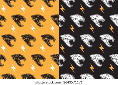 Tiger predator head skull with thunderbolt vintage seamless pattern on black yellow background. Tiger skull bone with lightning retro doodle isolated pattern background for wildlife merchandise