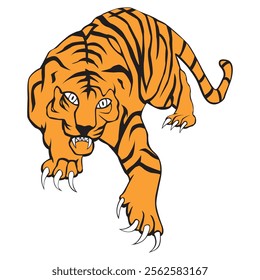 Tiger preparing to attack. Vector illustration. Tiger and jaguar on white background. Tiger tattoo.