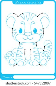 Tiger. Preschool Worksheet For Practicing Fine Motor Skills - Tracing Dashed Lines. Tracing Worksheet.  Illustration And Vector Outline - A4 Paper Ready To Print.