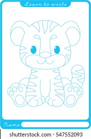 Tiger. Preschool Worksheet For Practicing Fine Motor Skills - Tracing Dashed Lines. Tracing Worksheet.  Illustration And Vector Outline - A4 Paper Ready To Print.