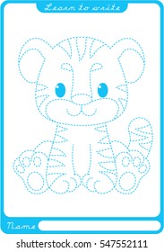 Tiger. Preschool Worksheet For Practicing Fine Motor Skills - Tracing Dashed Lines. Tracing Worksheet.  Illustration And Vector Outline - A4 Paper Ready To Print.