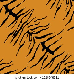 Tiger print background. Animal seamless pattern with hand drawn tiger stripes. Black and orange wallpaper. Vector illustration.