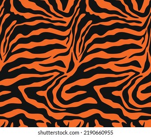 Tiger print orange background black stripes vector seamless pattern. Animal design.