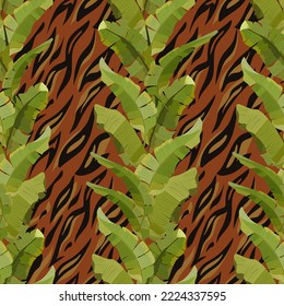 Impresión de tigres y hojas tropicales. Patrón vectorial sin fisuras con hojas de palma y tigre impreso en un fondo de color.